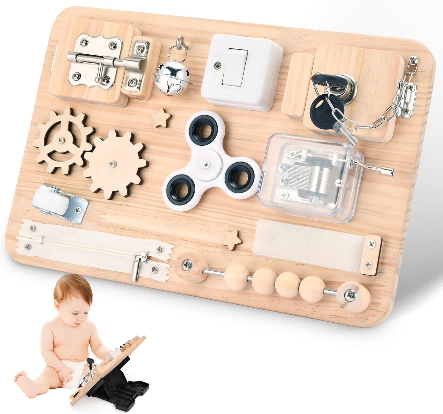 Potatomato Montessori Busy Board -Toddler Sensory Wooden Toys for Baby - Prechool Educational Activities for Learning Fine Motor Skills - Fidget Board for Boys Girls Kids