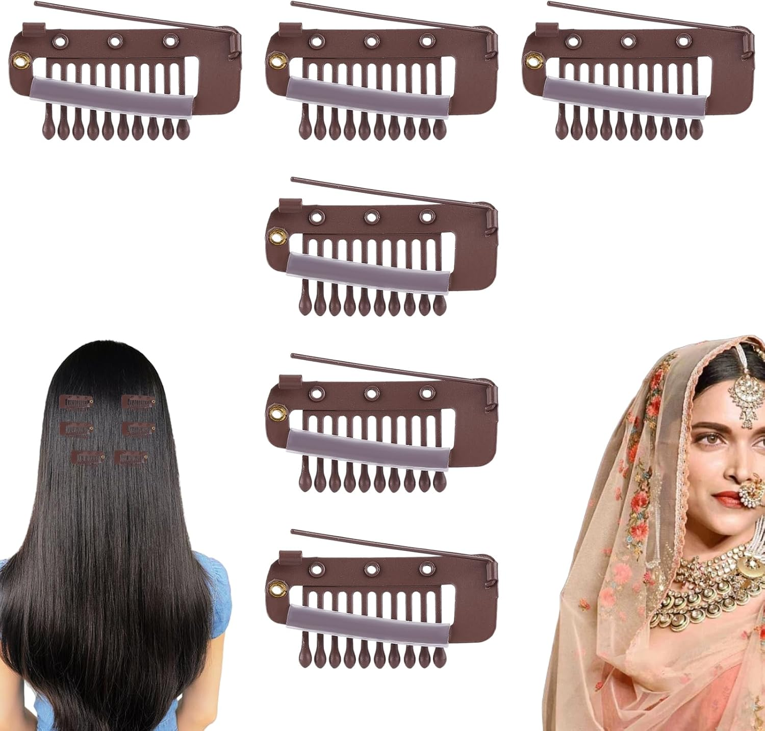 6Pcs Chunni Clip with Safety Pins Wig Clips to Secure Hair Accessories Hair Extension Clips for Dupatta, Hijab Indian Costume, with Rubber Snap to Easy Operate (Black)