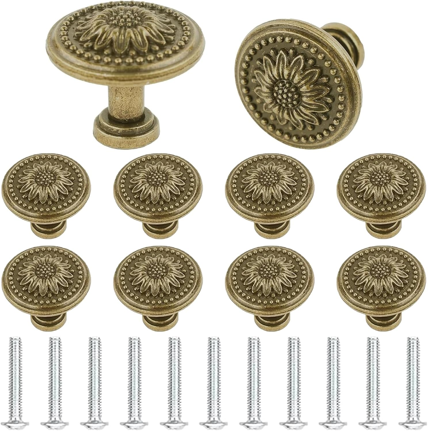 Zcrprn Drawer Knobs, 10 PCS Antique Brass Kitchen Cupboard Handles, Vintage Floral Pattern Drawer Handles, Cabinet Knobs for Chest of Drawers, Furniture Cabinets, Dressers, Wardrobe Doors