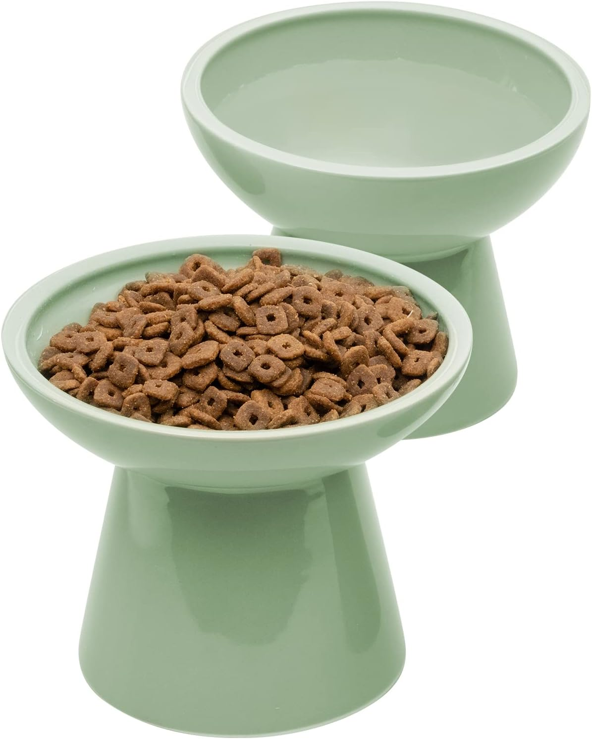 CEEFU 2 Extra Wide Elevated Cat Food Bowl, Ceramic Cat Bowls for Food and Water, Wide Shallow Cat Food Dish, Whisker Fatigue, Lead & Cadmium Free, Great Height for Cat, Sage Green