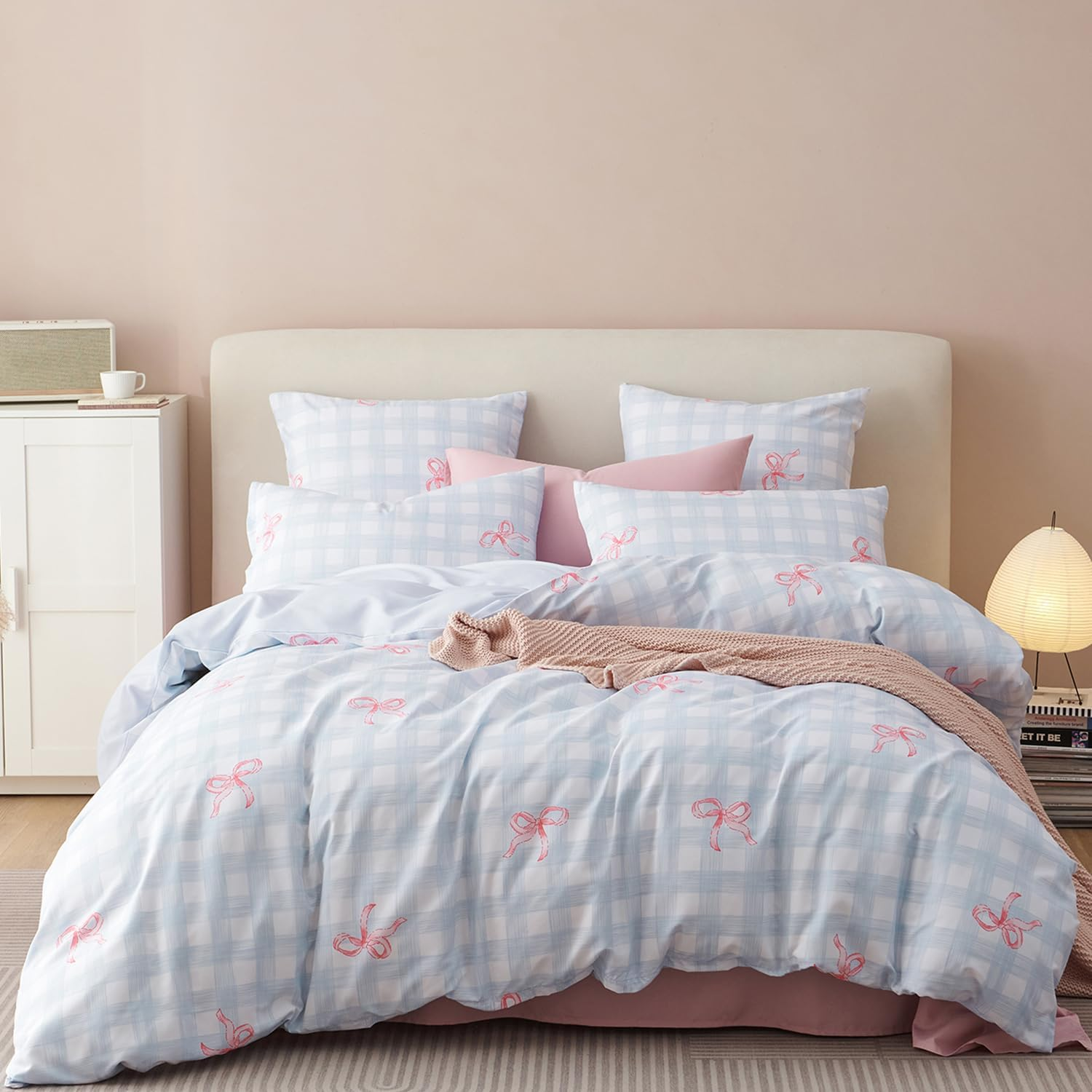 Bildenly Duvet Cover Queen Size Blue Plaid Pink Bowknot Pattern Bedding Set 3 Piece Kids Girls Kawaii Cute Romantic Soft Microfiber Reversible Comforter Cover with Zipper Closure and 2 Pillow Shams image number 6