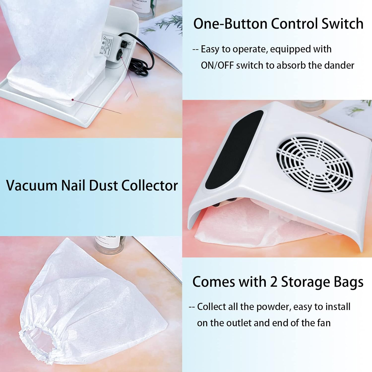 40W Portable Nail Vacuum Cleaner, Nail Dust Collector with 2 Dust Collecting Bags (White) image number 4