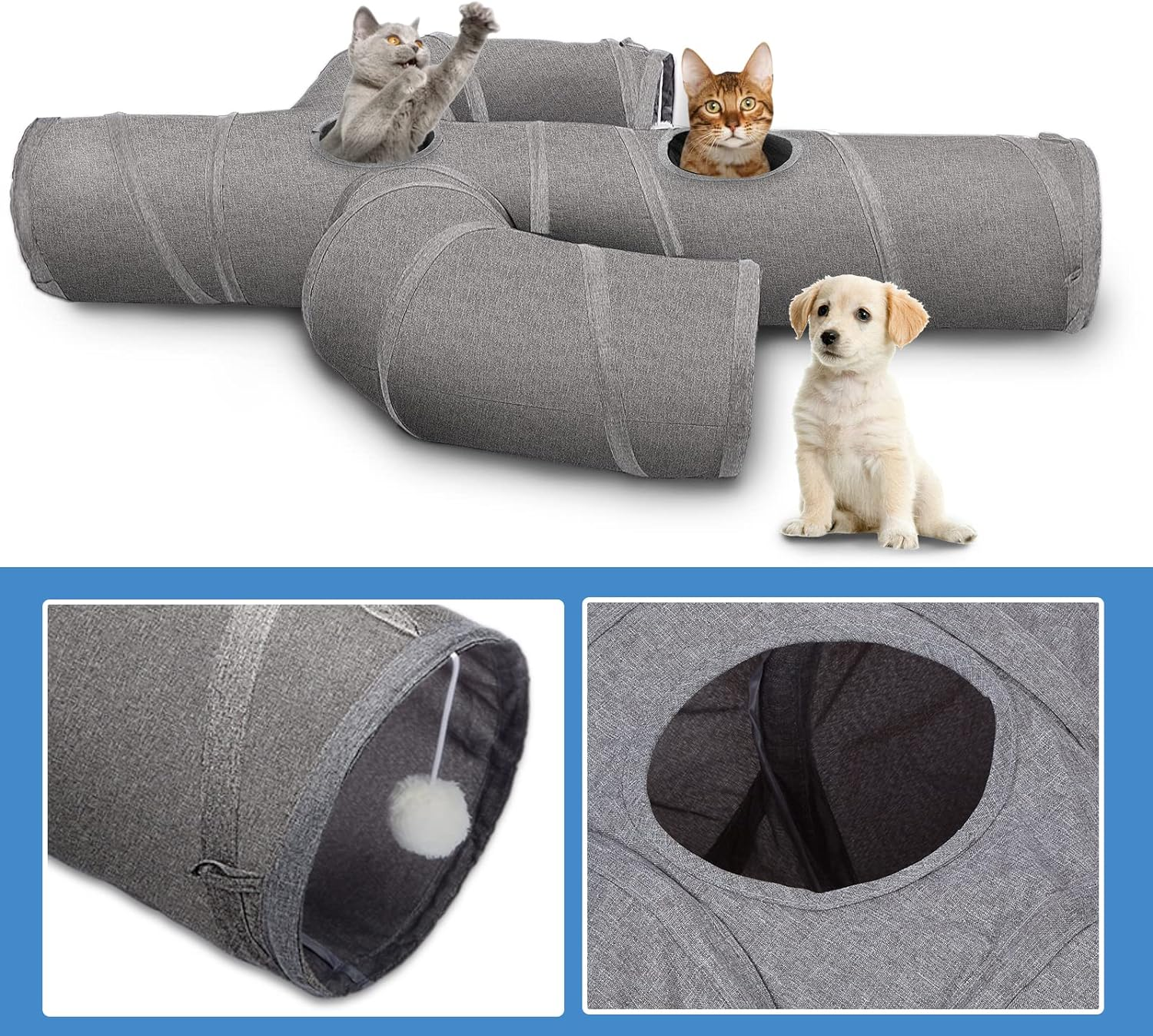 Ownpets Cat Tunnel Sturdy Oxford Fabric Cat Tunnel Toy, Cactus Shape Collapsible Cat Tunnels for Indoor Cats,Interactive Peek Hole Pet Tunnel Tube with Cat Wand Toy (Grey)