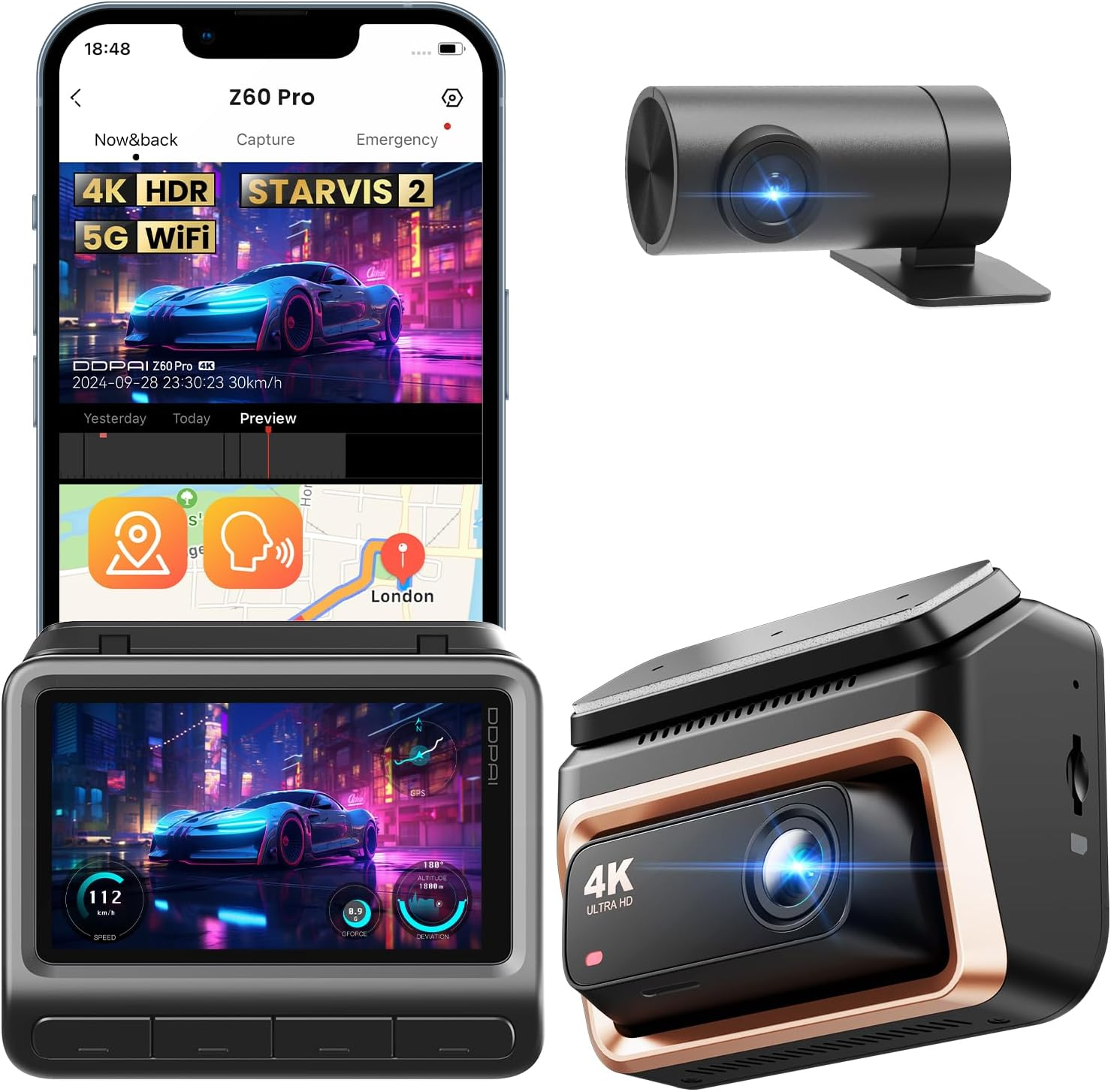 DDPAI 4K Dash Cam Front and Rear, 4K+1080P Dash Cam, Dual STARVIS 2 Sensors,5G Wifi GPS, Dashcam with Free 32GB Emmc,Night Vision,3" IPS,HDR,ADAS,24 Hours Parking Mode,Loop Recording G-Sensor, Z60 Pro image number 3