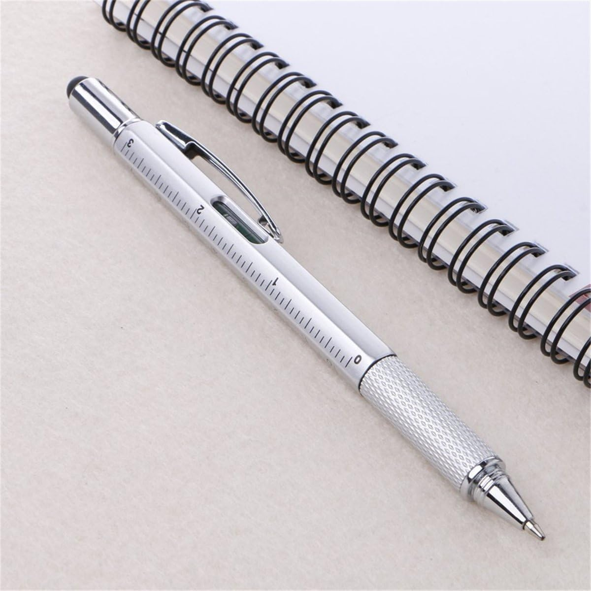 6 in 1 Tech Tool Pen with Ruler, Ballpoint Pen, Levelgauge, Stylus and 2 Screwdriver, Sturdy Aluminum Multifunction Tools Pen for Smartphones and Tablets (Silver) image number 1