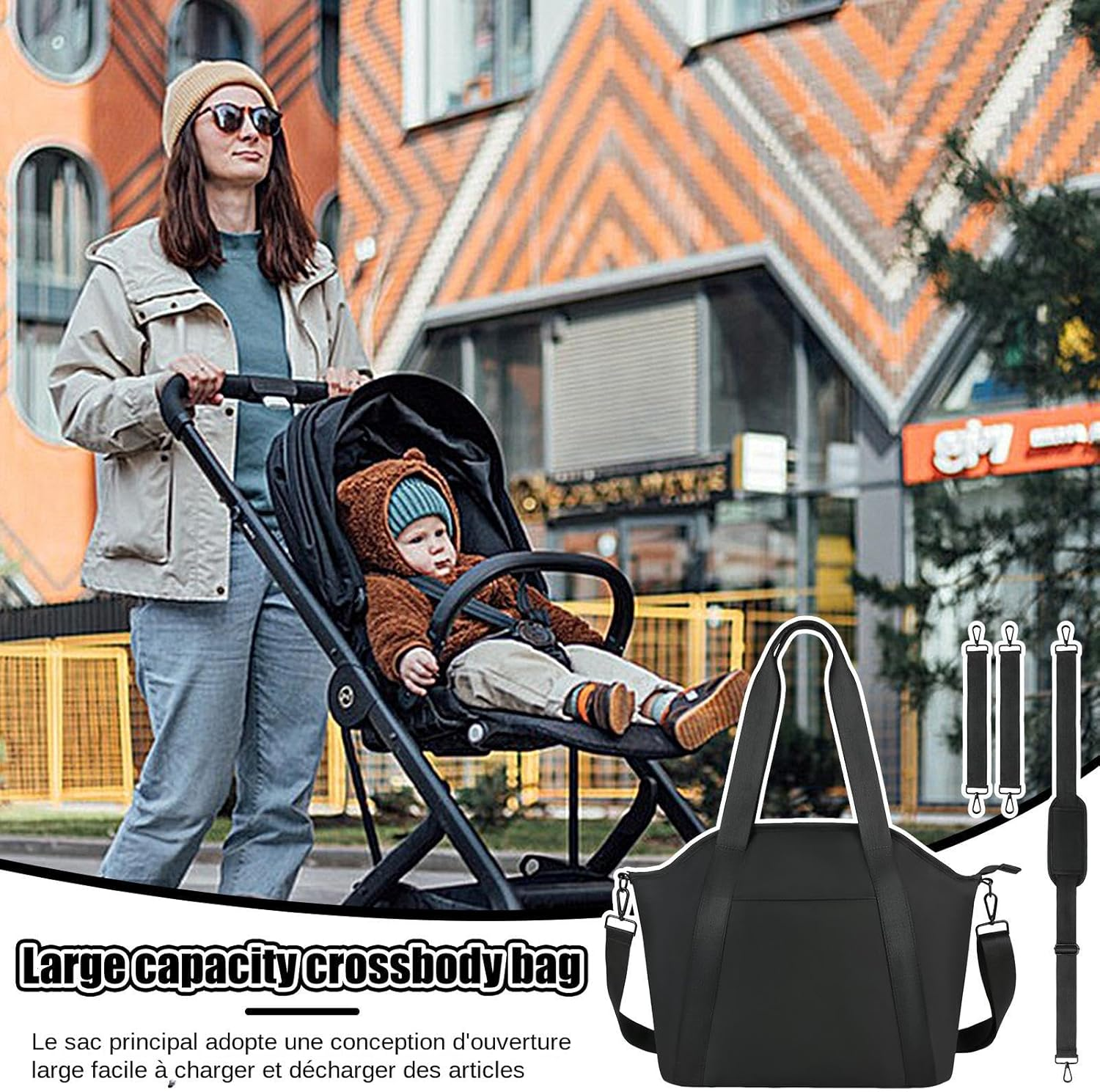 Stroller Bag, Diaper Bag, Waterproof Bag, Storage Bag, Mom Waterproof Supplies Storage Bag, Mom Bag Milk Bottle Holder Diaper Tote Bags with Shoulder Strap, Large Capacity for Wet Wipes Diaper Travel, image number 2