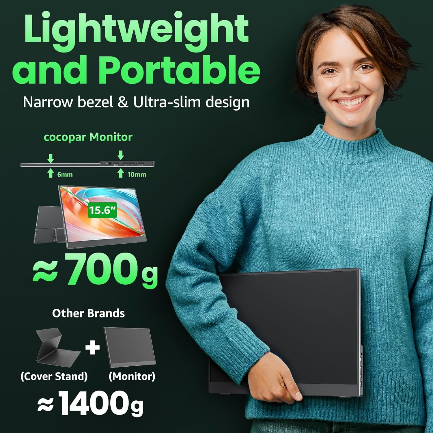 Cocopar Portable Monitor 15.6 Inch Upgraded Travel 1080P Monitor with Speaker Full Size HDMI USB-C External Display for Laptop Macbook Surface PC Xbox PS4/5, with Kickstand, VESA Mountable image number 4