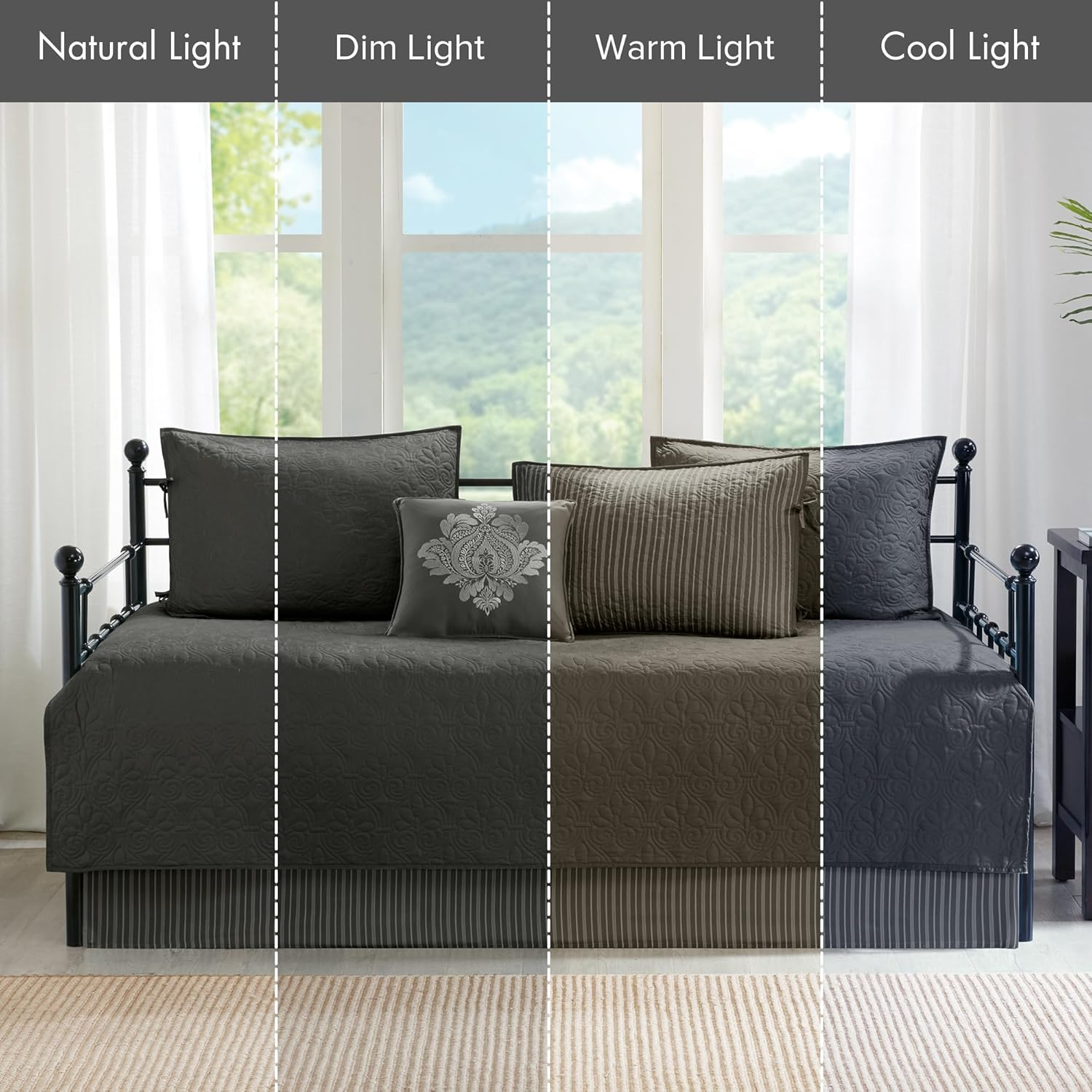 Madison Park Cotton Daybed Cover Set-Double Sided Quilting Classic Cottage Design All Season Bedding with Bedskirt, Matching Shams, Decorative Pillow, 75"X39", Quebec Dark Grey 6 Piece image number 6