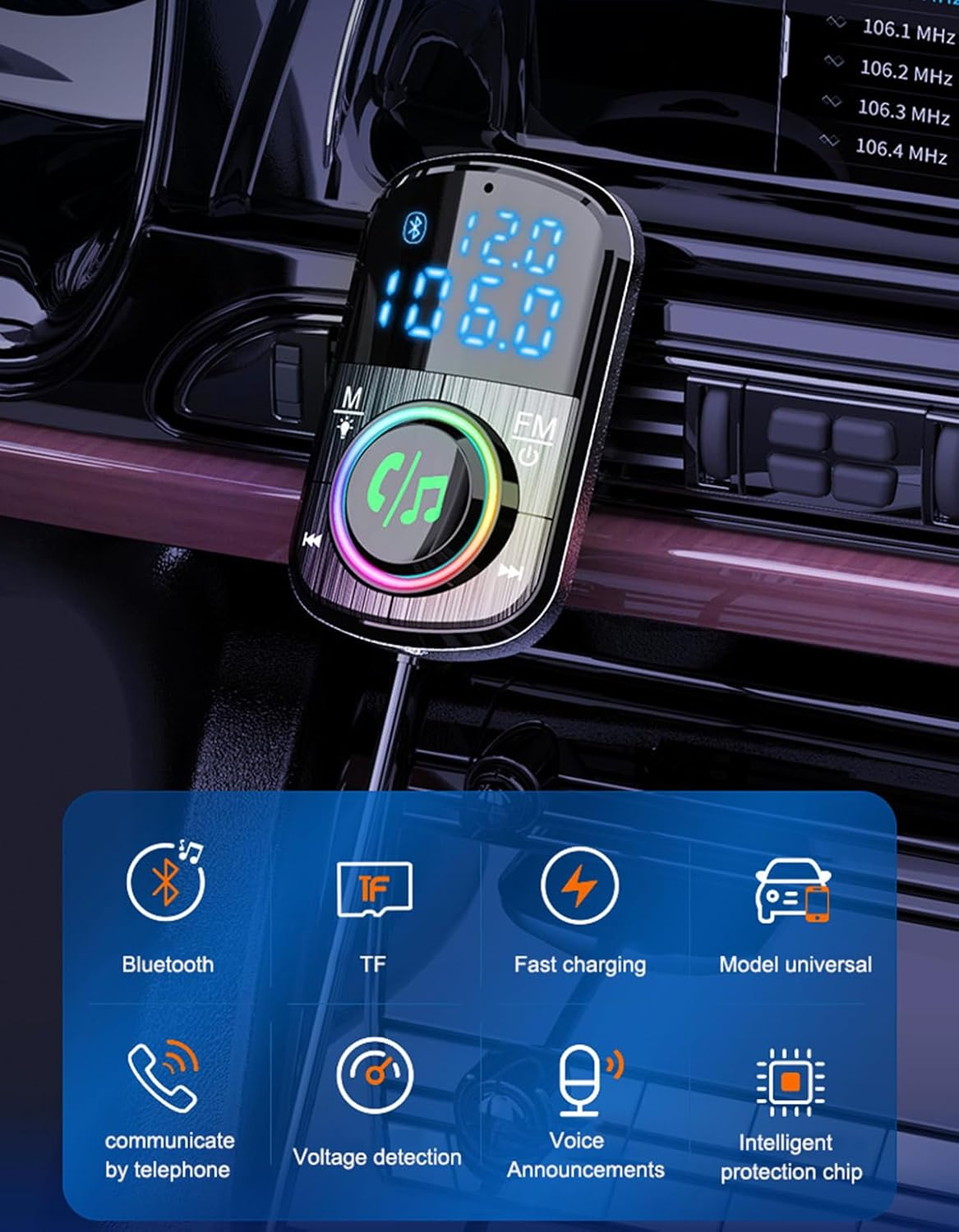 FM Transmitter, Bluetooth FM Transmitter Wireless Radio Adapter Car Kit with Lossless Sound Quality Colorful Ambient Light Player image number 3