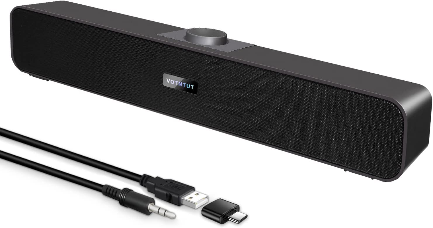 VOTNTUT Computer Speakers, Wired USB Mini Sound Bar Speaker for PC Tablets Laptop MP3 Mac Air/Pro (USB-C to USB Adapter Included) (Black) image number 2