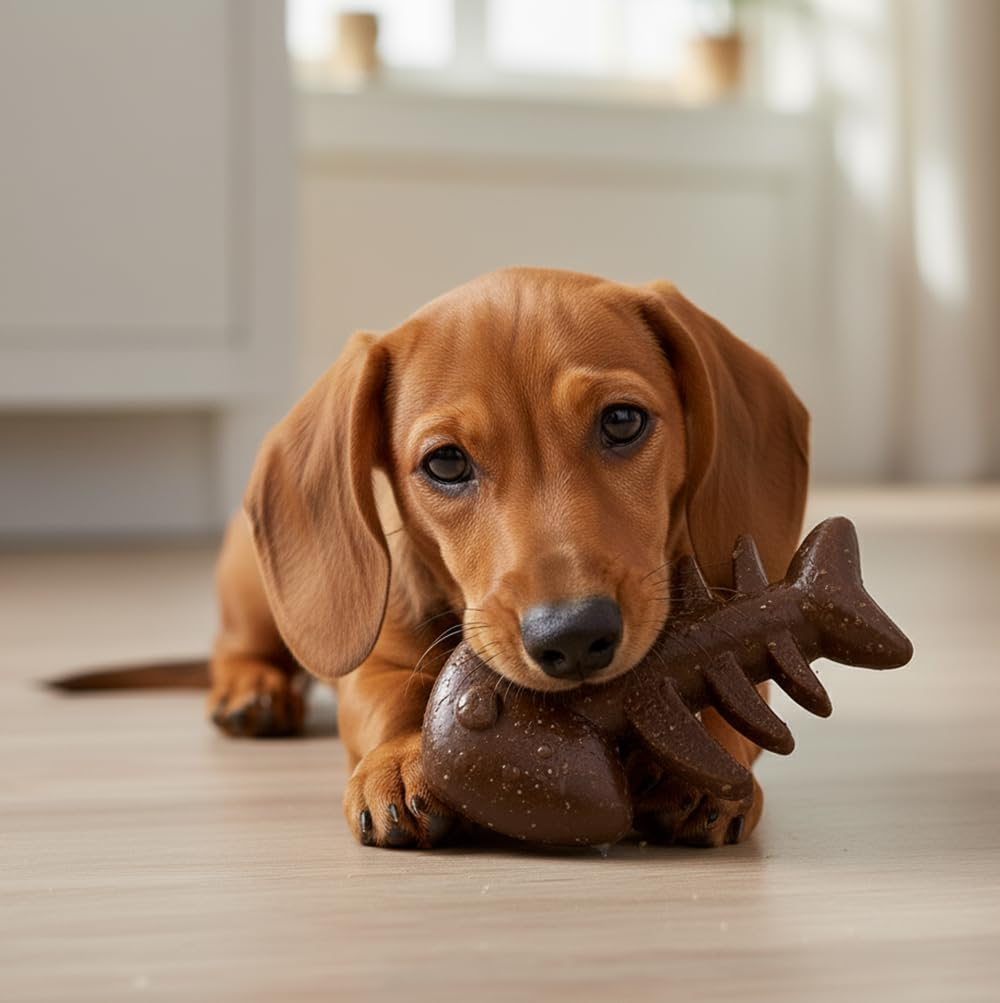 Fuzzl Puppy Chew Toys 2 Pack Bacon Flavour &ndash; Small Dog Teething Toys Fish Bone Shape | Durable Chew Toys for Puppies & Small Breeds | Dental Care, Teething Relief & Interactive Play image number 4