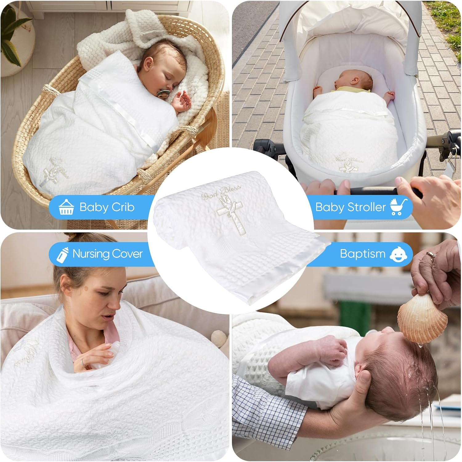 Baby Blanket for Boys Girls God Bless Baptism Christening Shawl White Soft Knit Receiving Swaddle Newborn Unisex Summer Autumn Winter Nursing Cover - Baptism Blanket image number 6