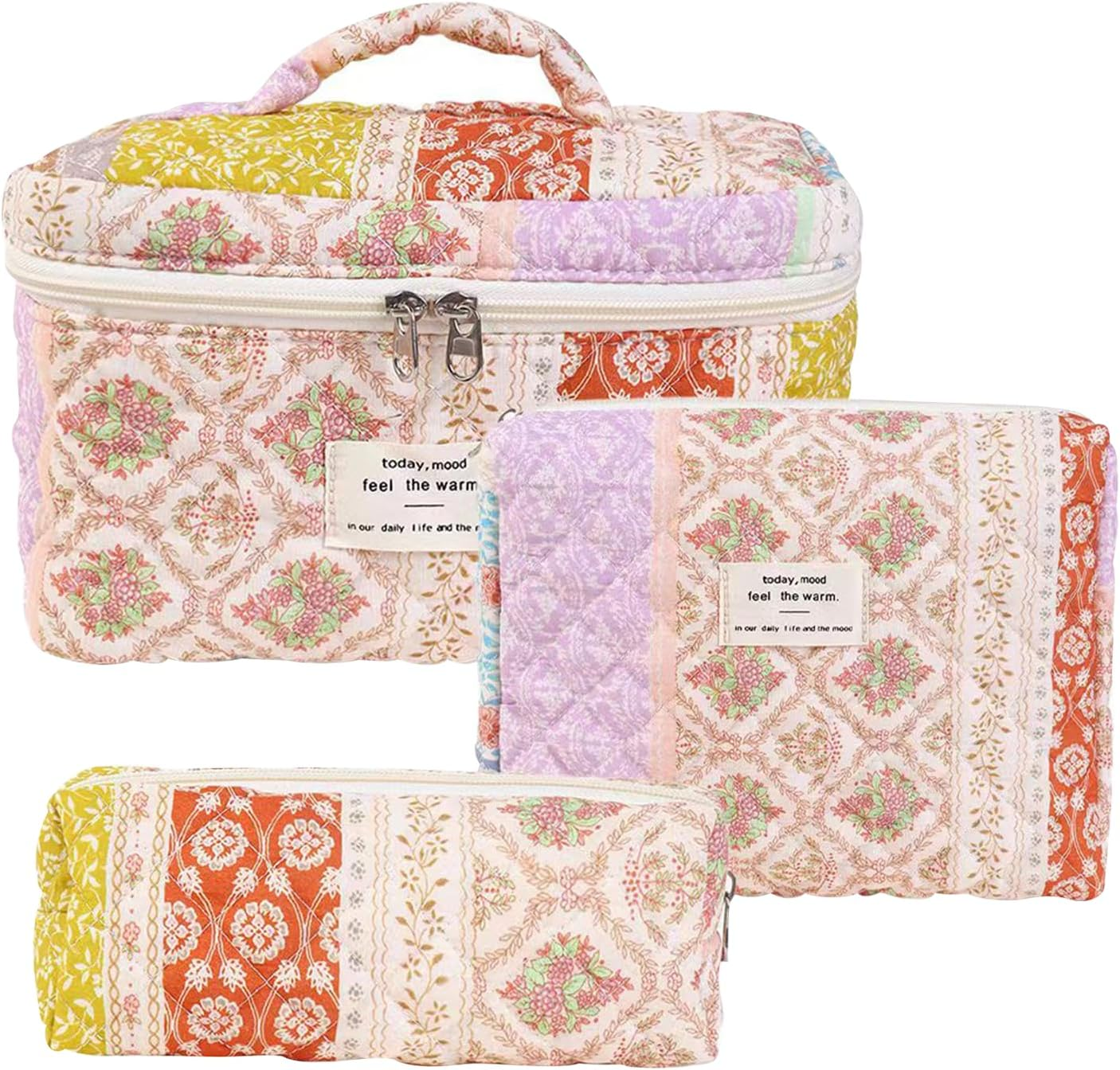 Toiletry Bag Set of 3, Floral Quilted Makeup Bag for Women, Large Capacity Aesthetic Floral Cosmetic Bags for Travel, Travel Skincare Cosmetic Organizer, Wash Organizer Pouch for Ladies Girls - B image number 2