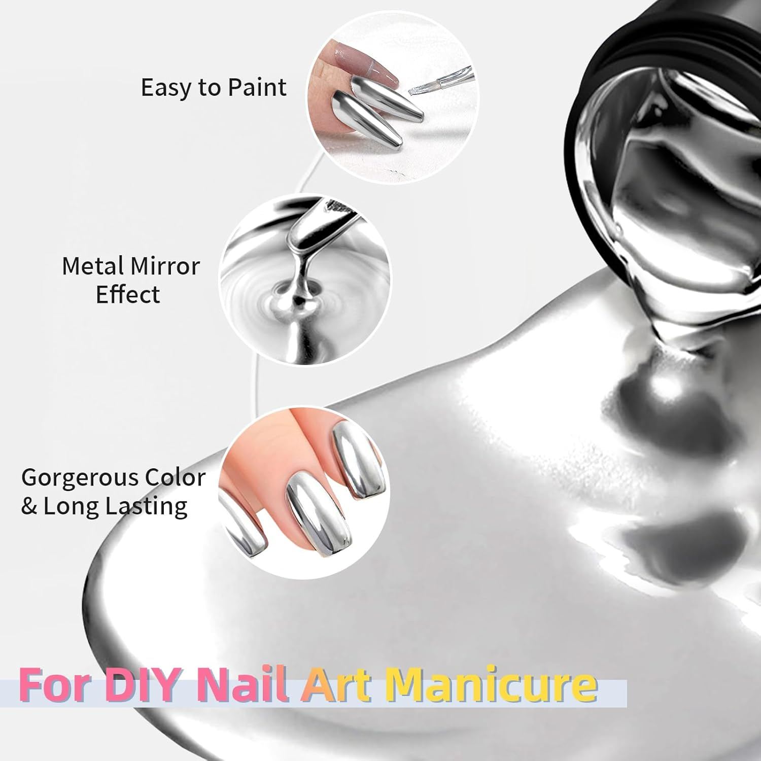 U-Shinein 8Ml Metallic Painting Gel, Silver Painted Nail Polish, 3D Metal Painting Drawing Mirror Nail Gel Polish Glossy (Ultra Mirror Silver) image number 4