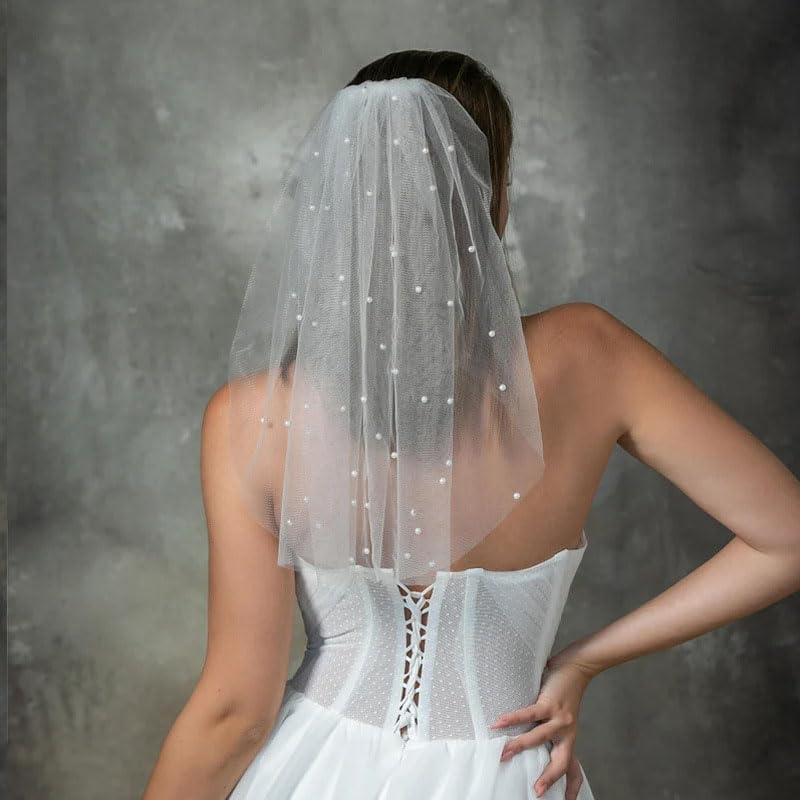 LUXCASTLE White Pearl Bride Veil - Short Wedding Bridal Veil for Women and Brides - Bachelorette Party image number 5