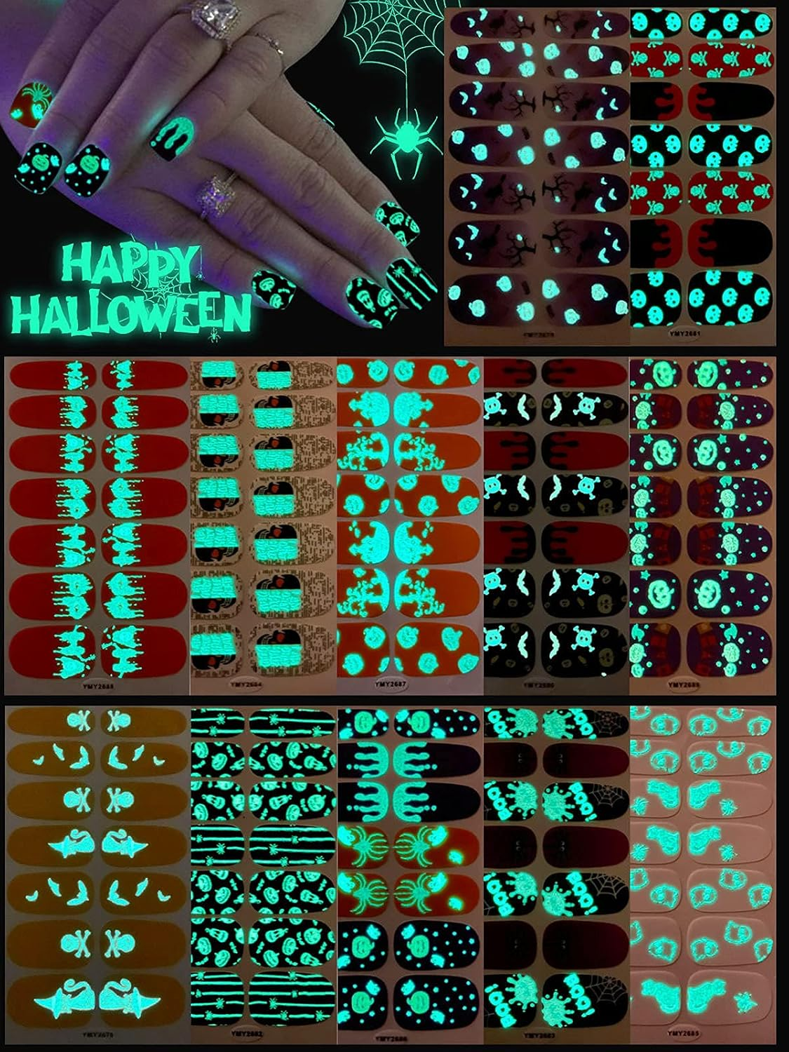 Luminous Halloween Nail Wraps Decal with Nail File, EBANKU Self-Adhesive Nail Art Sticker for Halloween Skull Pumpkin Spider Full Wraps Strips for Women Girls Party Nail Decorations image number 4