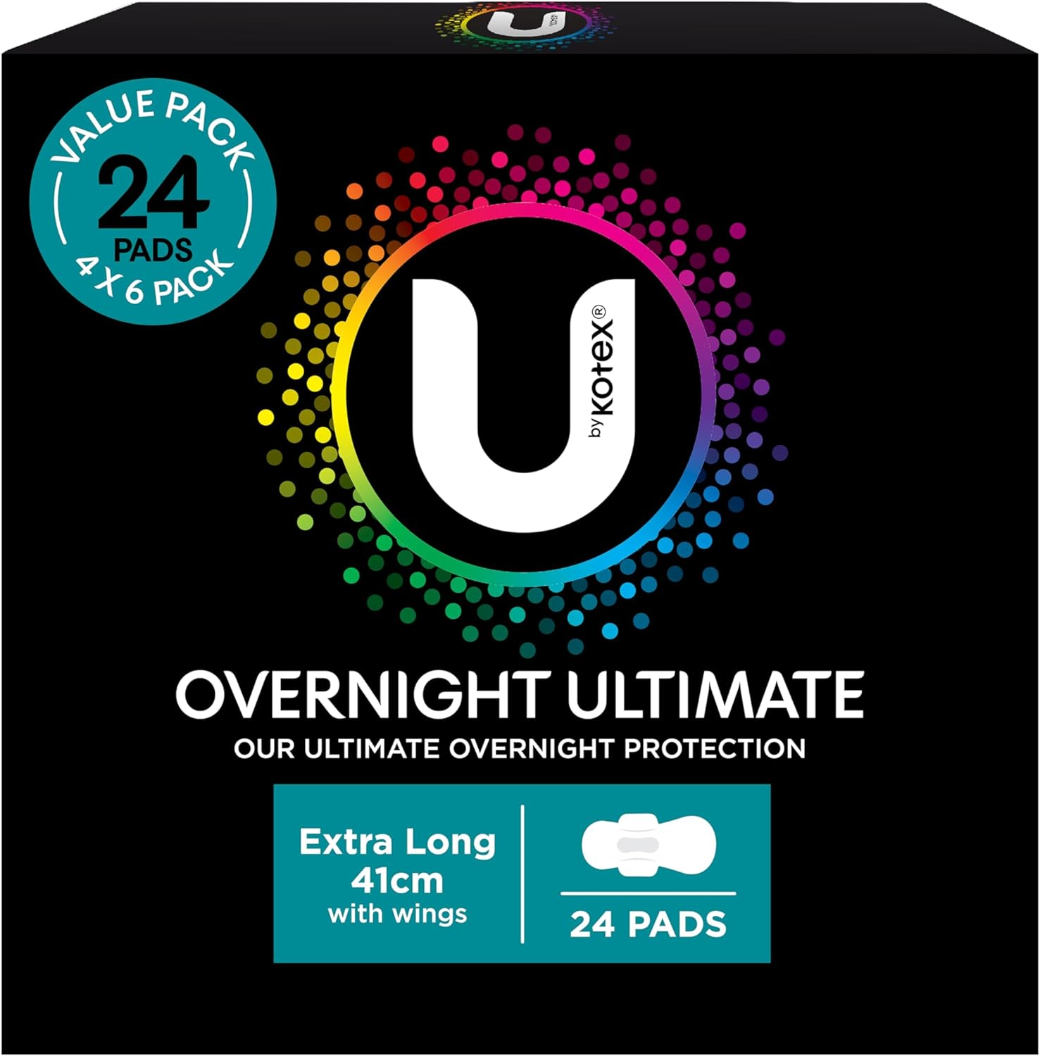 U by KOTEX Extra Overnight Ultimate Pads with Wings 24 Count (4 X 6 Pack)