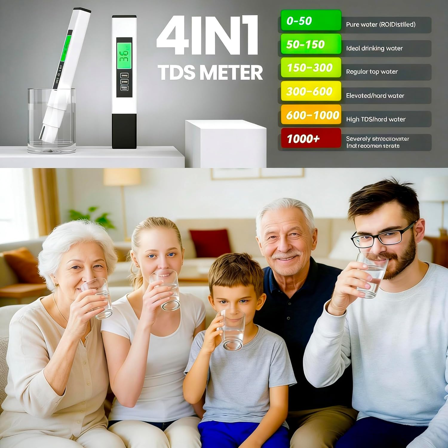 4 in 1 TDS Meter Digital Water Tester, PPM Meter, Accurate and Reliable Digital TDS EC & Temp(&deg;C,&deg;F) Meter, 0-9990PPM LCD Display Water Quality Tester for Drinking Water RO/DI System Aquarium image number 2