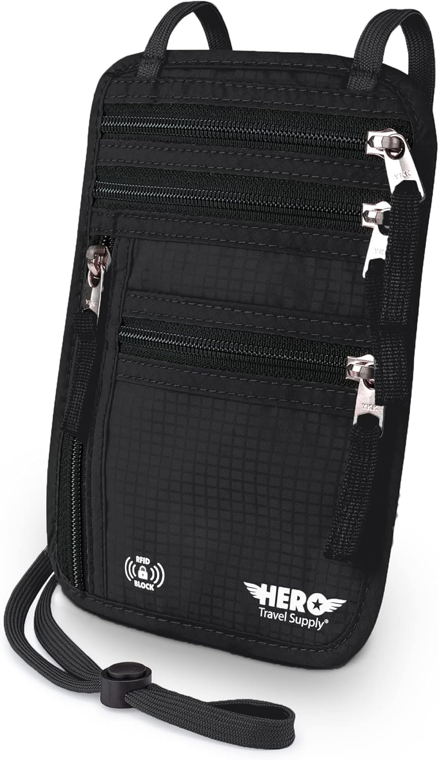 HERO Neck Wallet &ndash; RFID Blocking Passport Holder &ndash; Easy to Conceal Travel Pouch, Brown, Vegan Leather Travel Neck Wallet