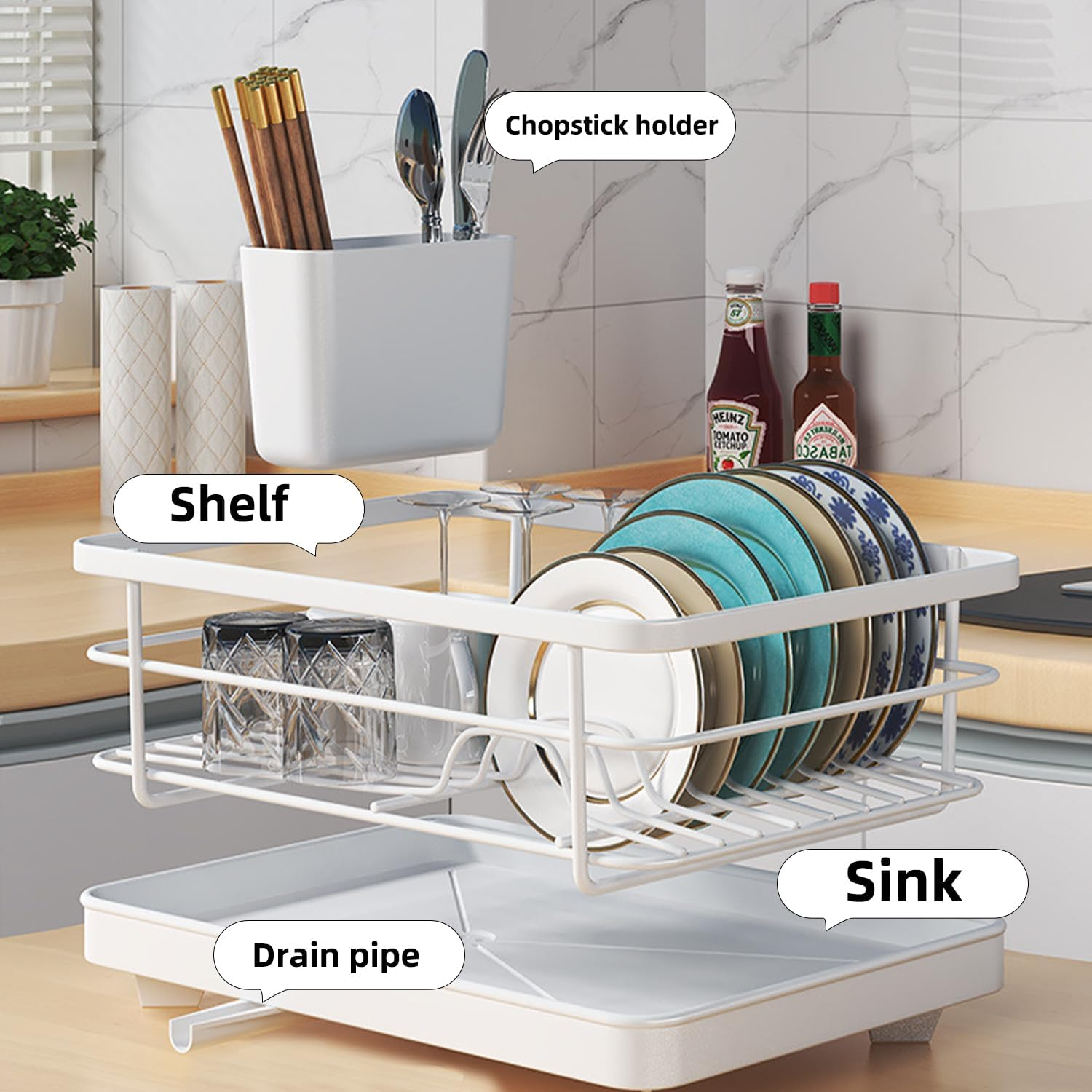 Stainless Steel Dish Drainer with Cutlery Holder & Drip Tray &ndash; Space-Saving Kitchen Counter Organiser, 40.5 X 30.5 X 13.0 Cm, No Assembly Needed, Rust-Resistant & Durable (White, Single Layer) image number 4