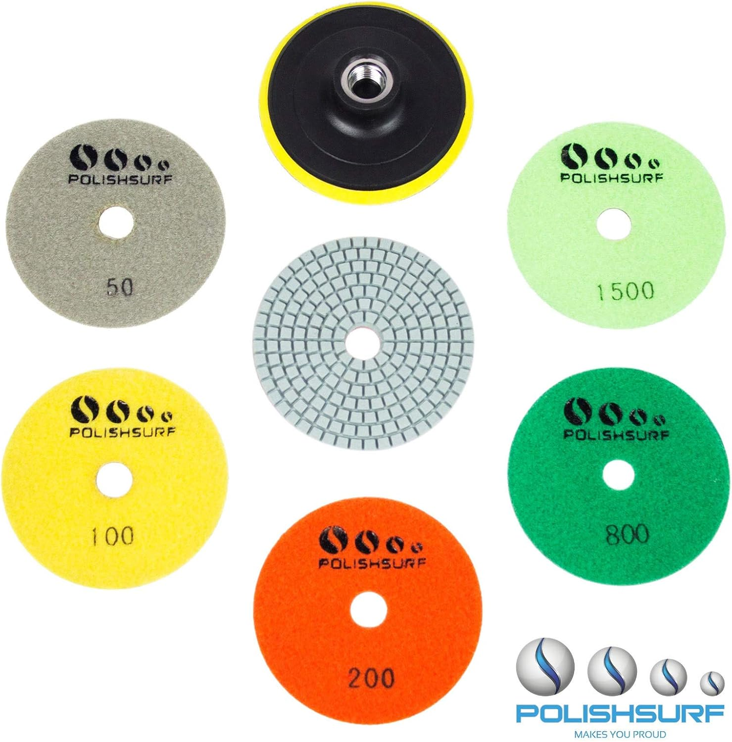 POLISHSURF Diamond Polishing Pads 4 Inch Wet Dry Set 7 Pieces for Concrete Marble Quartz Stone Countertop Granite Polishing - By image number 3