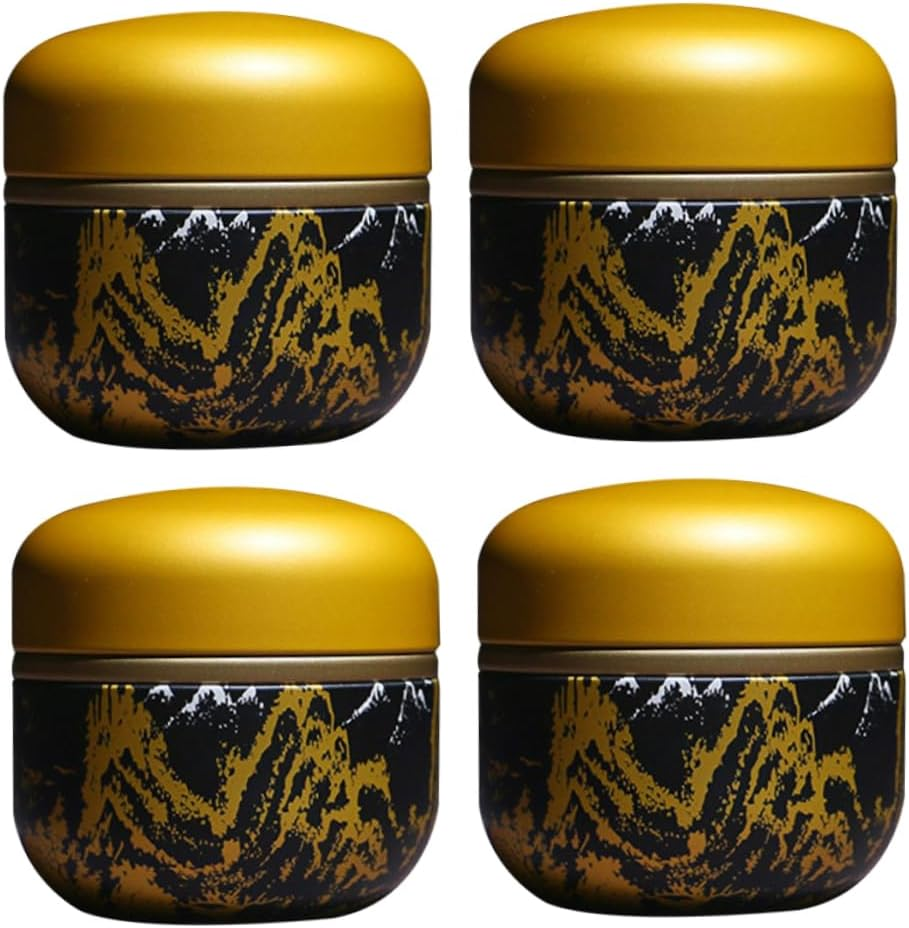 GOOHOCHY 4Pcs Metal Mini Sealed Tinplate Tea Can round Tea Storage Jar Airtight Sealed Container for Smell Jar for Home and Office image number 3