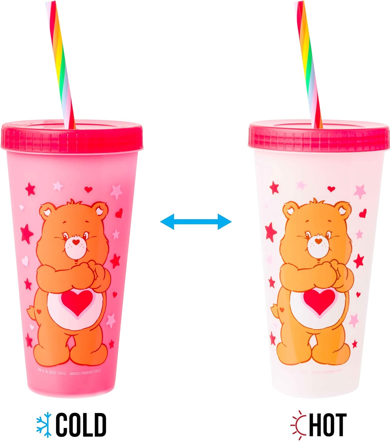 Silver Buffalo Care Bears Hearts Rainbow Swirl Straw 4 Pack Color Change Plastic Tumbler, 24 Ounces - Care Bears Hearts And Stars image number 3