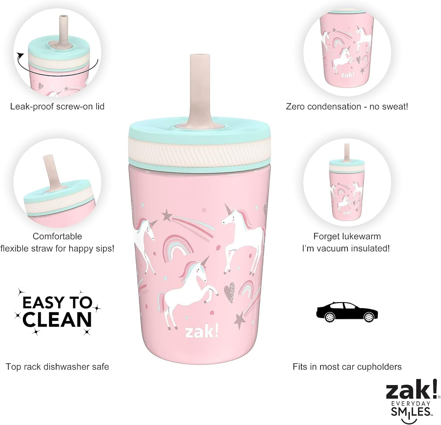 Zak Designs Kelso Toddler Cups for Travel or at Home, 12Oz Vacuum Insulated Stainless Steel Sippy Cup with Leak-Proof Design Is Perfect for Kids (Fanciful Unicorn) - Fanciful Unicorn image number 3