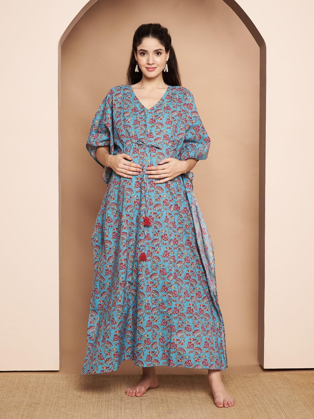 Secret Wish Floral Printed Cotton Maternity Kaftan./Free Size/Printed/Drawstring/Nightdress/Nightwear/Full Length image number 1