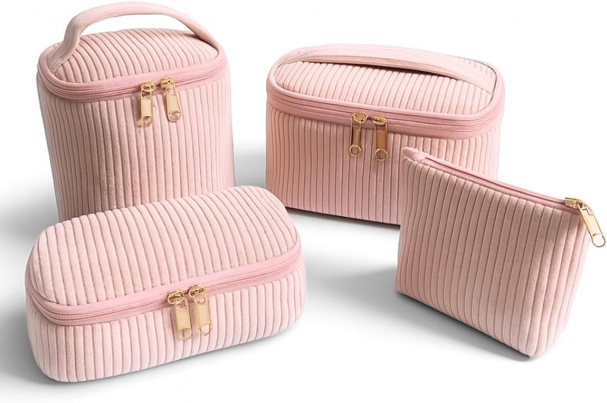 Set of 4 Cosmetic Bags - Cosmetic Bag Made of Corduroy Pink - Makeup Bag, Make up Bag, Wash Bag for Travel, Cosmetic Bag Women, Pink, Pink Cosmetic Bag with Golden Zip image number 1