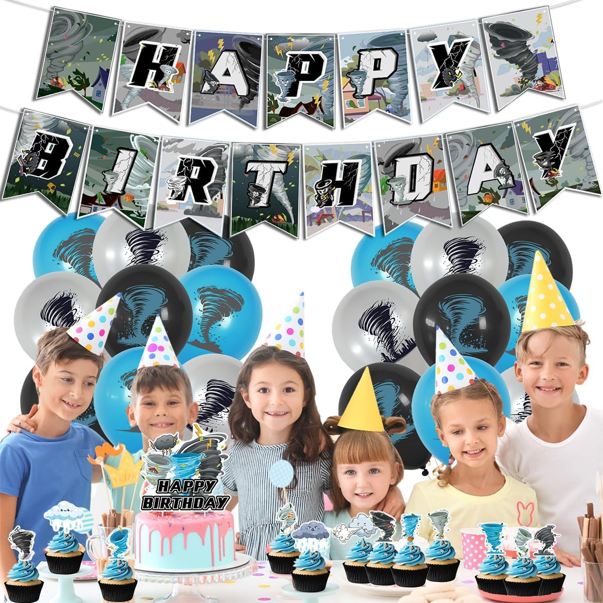 Tornado Party Decorations,Tornado Birthday Party Supplies Includes Birthday Banner, Cake Topper, Balloons ,Suitable for Tornado Themed Party Decorations