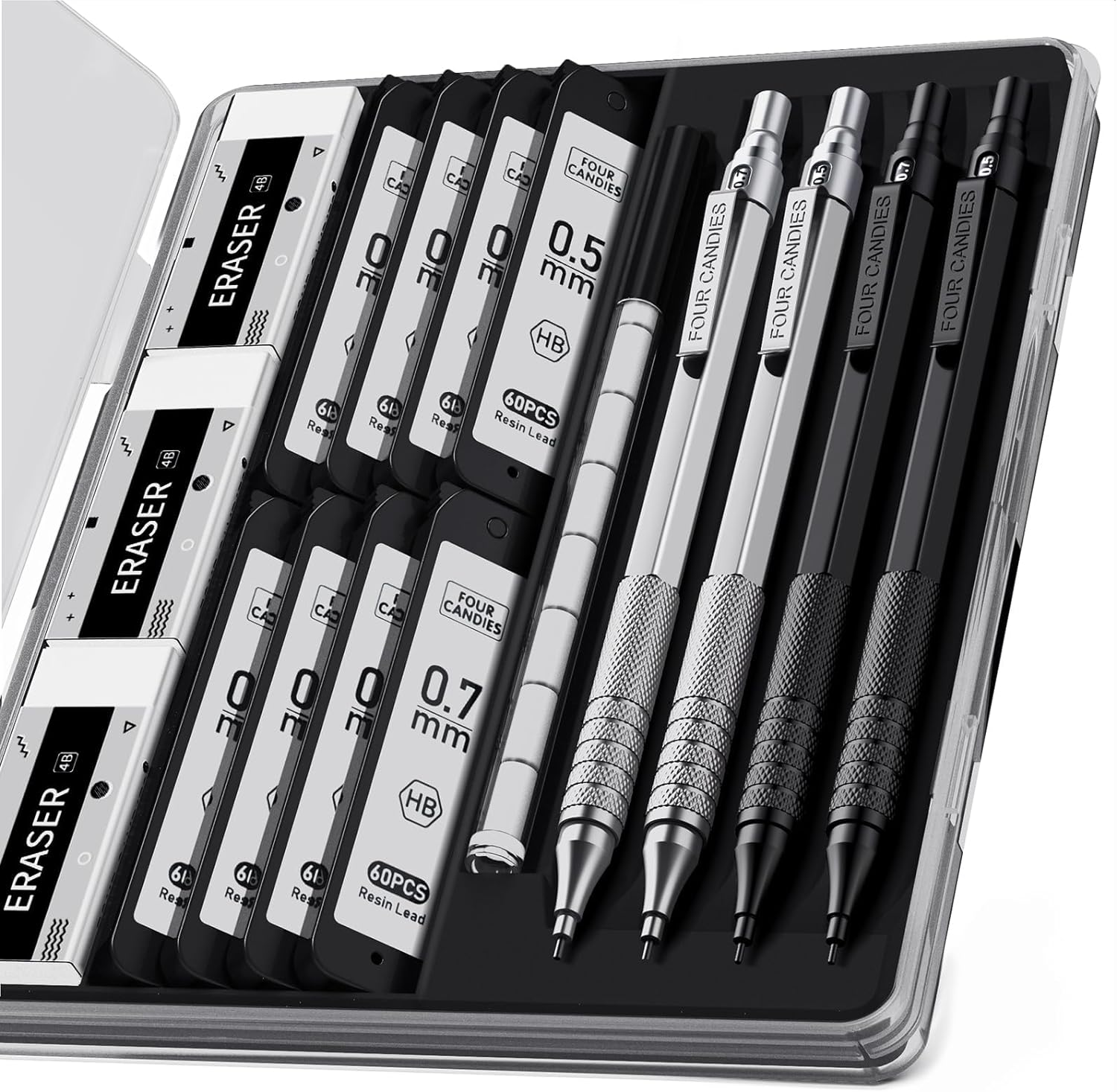 Four Candies 4PCS Metal Mechanical Pencils Set with Case, 0.5Mm & 0.7 Mm Artist Pencil with 8 Tubes (480PCS) HB Lead Refills, 3 Erasers,9 Eraser Refills for Writing Drafting, Drawing, Black&Sliver image number 6