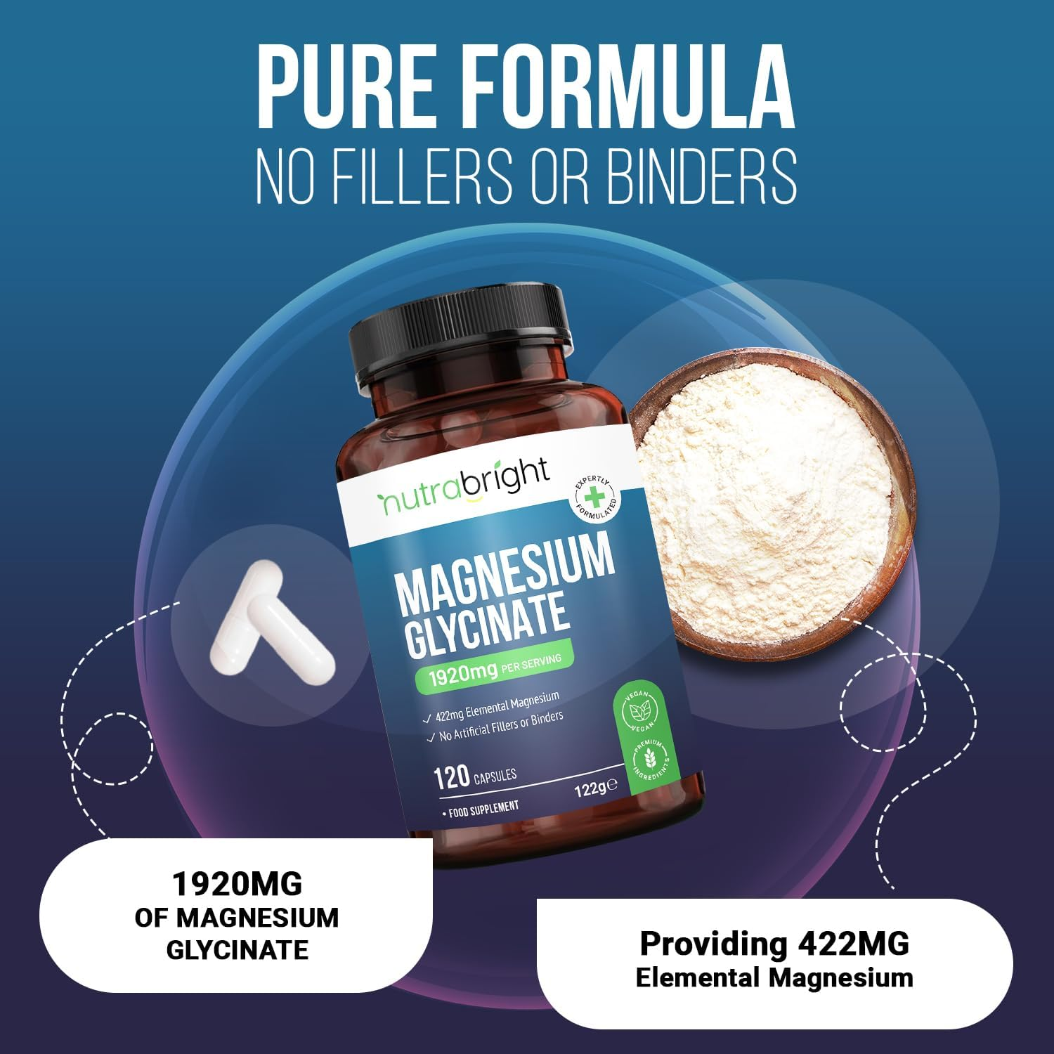 Magnesium Glycinate Supplements 1920Mg - 120 Vegan Capsules | Providing 422Mg Elemental Magnesium (Bisglycinate) | Pure with No Added Artificial Fillers or Binders | Premium Quality by Nutrabright