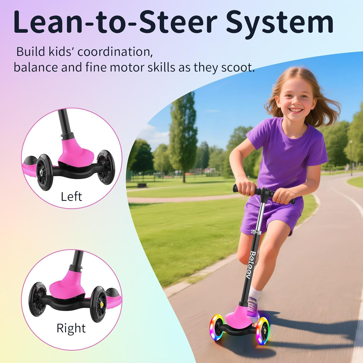BELEEV A6 Kids Scooter with Light-Up Wheels & Deck, 3 Wheel Scooters for Girls Boys Ages 3-8, 4 Adjustable Height, Lean to Steer, Non-Slip Deck, Toddler Scooter for Children image number 4