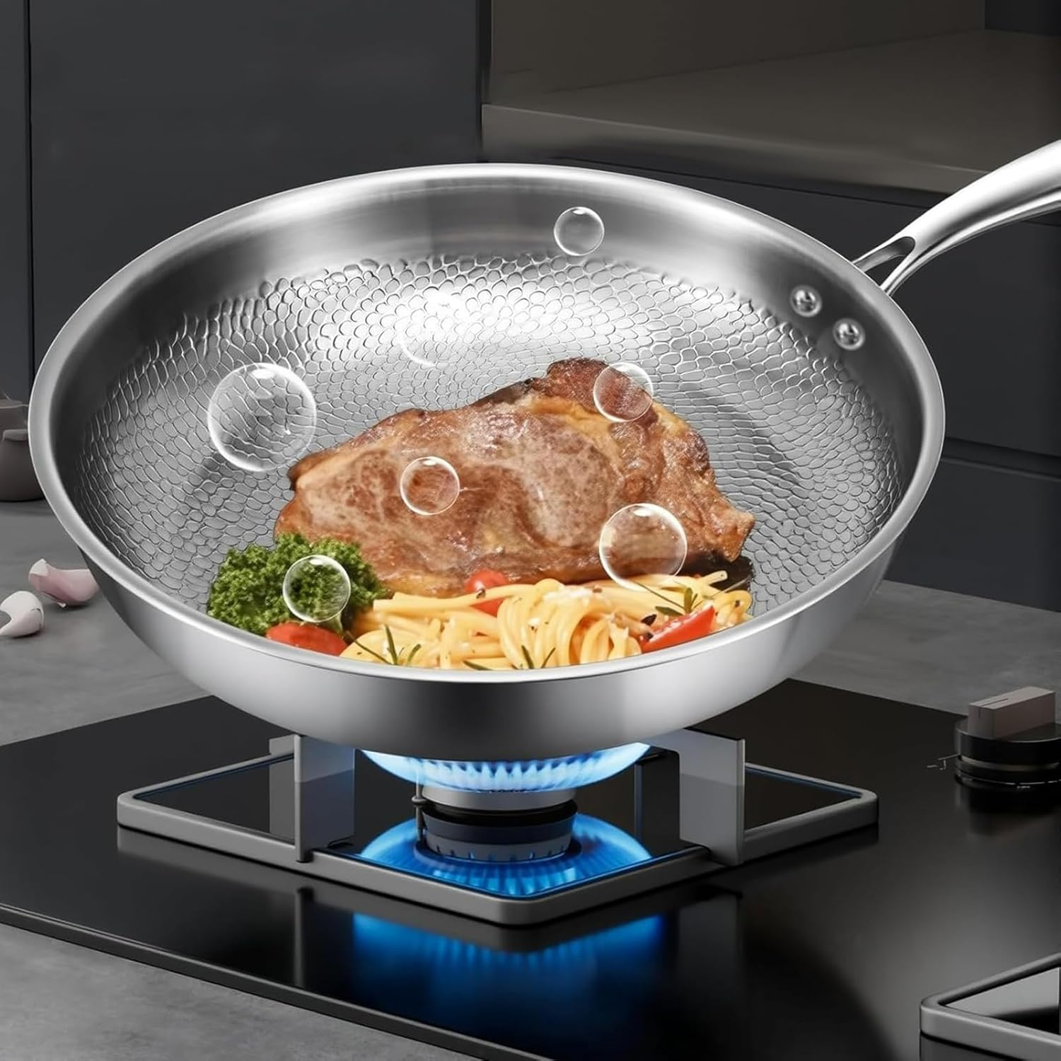 Cooking Pan,Scratch-Resistant Cookware,Titanium Hammered Frying Skillet - for Kitchen Stove Cooking Pancake Breakfast Fish Steak Egg Meat Vegetable - 30Cm image number 2