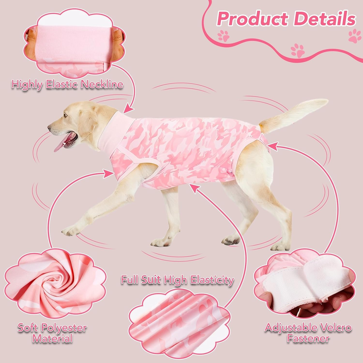 KIKNIN Recovery Suit for Dogs Cats after Surgery, Professional Dog Recovery Suit Abdominal Wounds Bandages for Female and Male Dogs,Prevent Licking Dog Onesies Pet Post-Operative Vest(Light Pink,L) image number 1