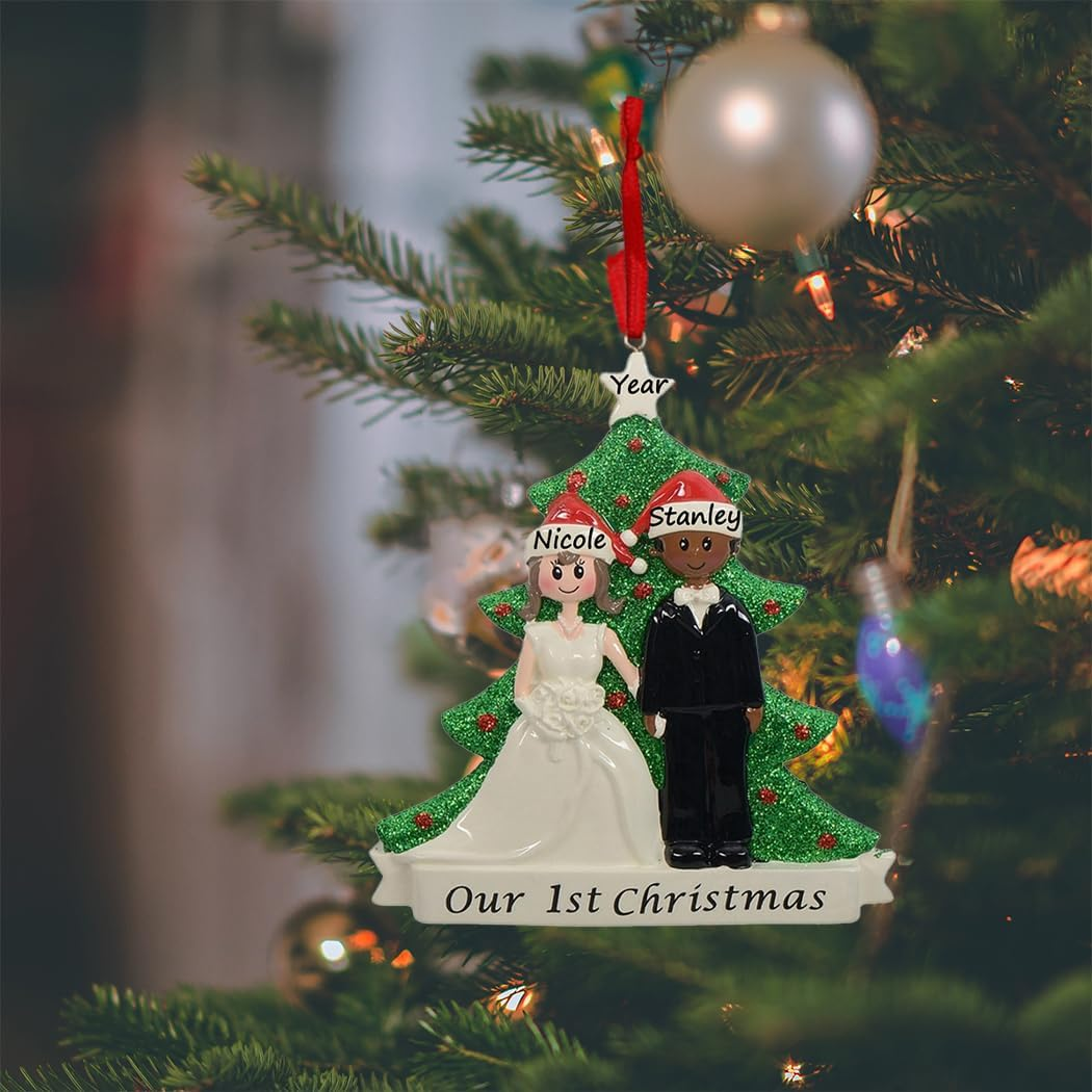 MAXORA Our 1St Christmas Wedding Couple Ornament Personalized Christmas Tree Decoration(White Bride and Black Groom) image number 3