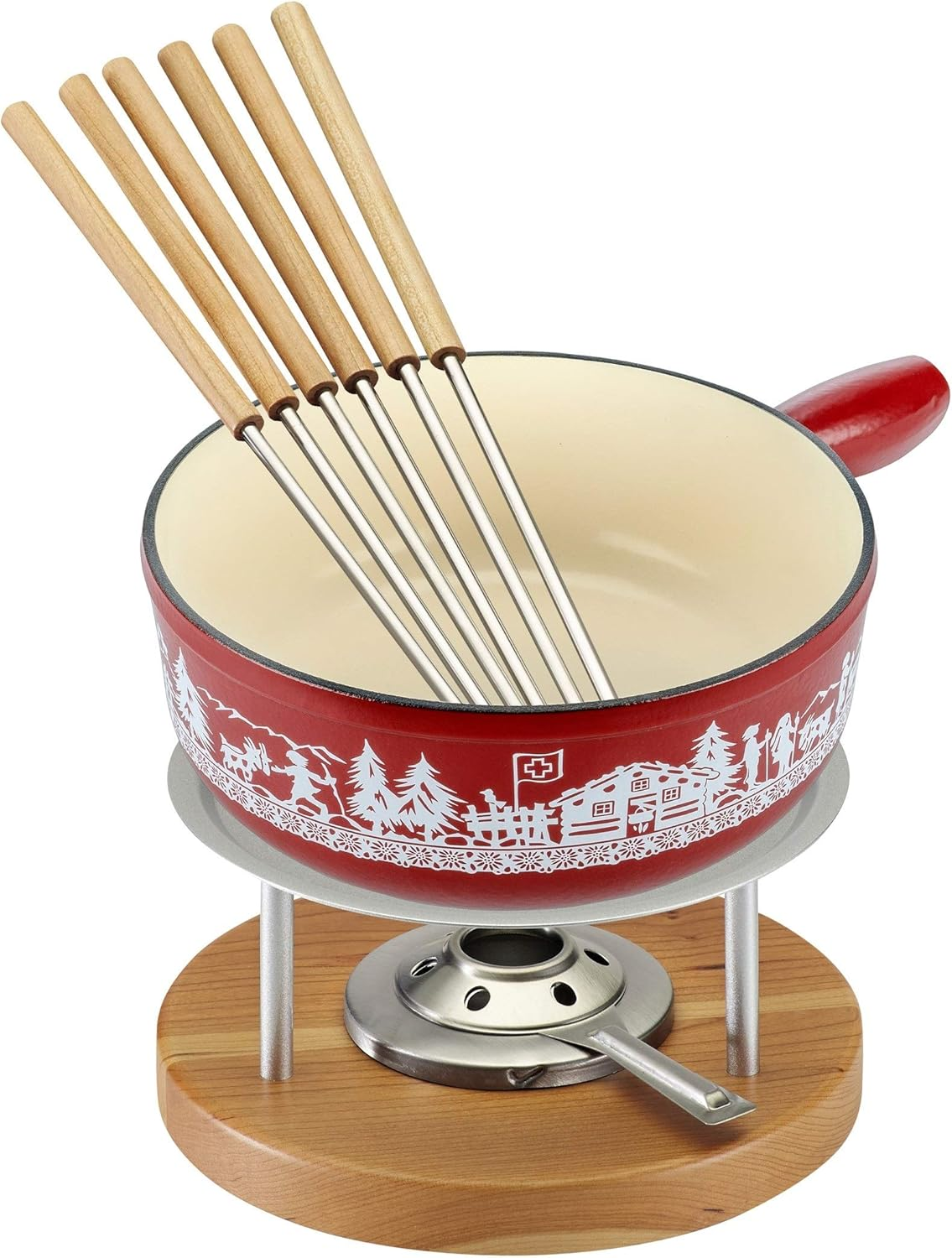 KUHN RIKON 32276 Cheese Fondue Set Induction Cast Iron Red Alpine Willow 24 Cm image number 1