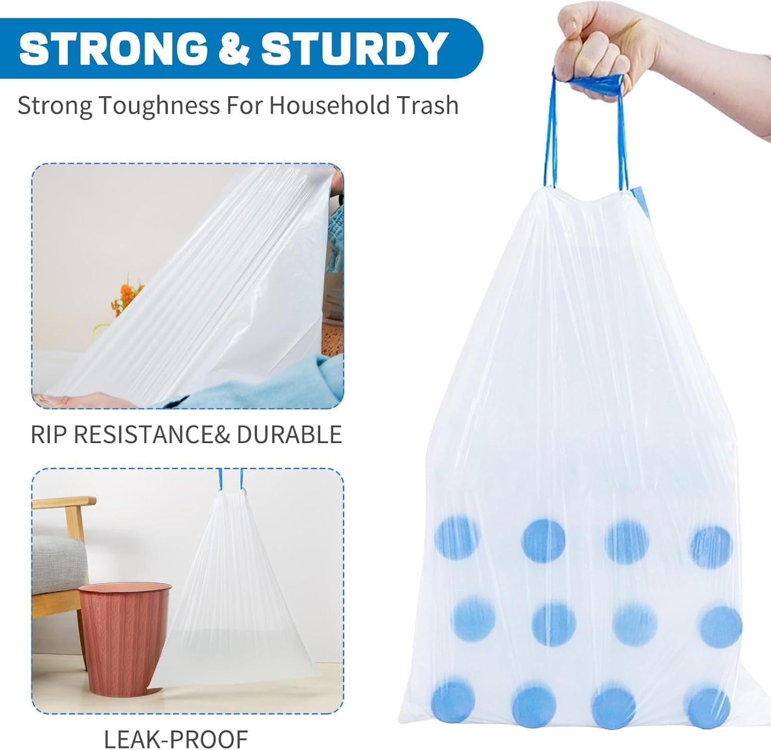 Bin Bags 5-Pack Small Trash Bags (75Count) 4 Gallon Drawstring Garbage Bags - Tear-Free, Unscented & Leak-Proof Waste Bin Liners for Bathroom, Office, Bedroom & Kitchen