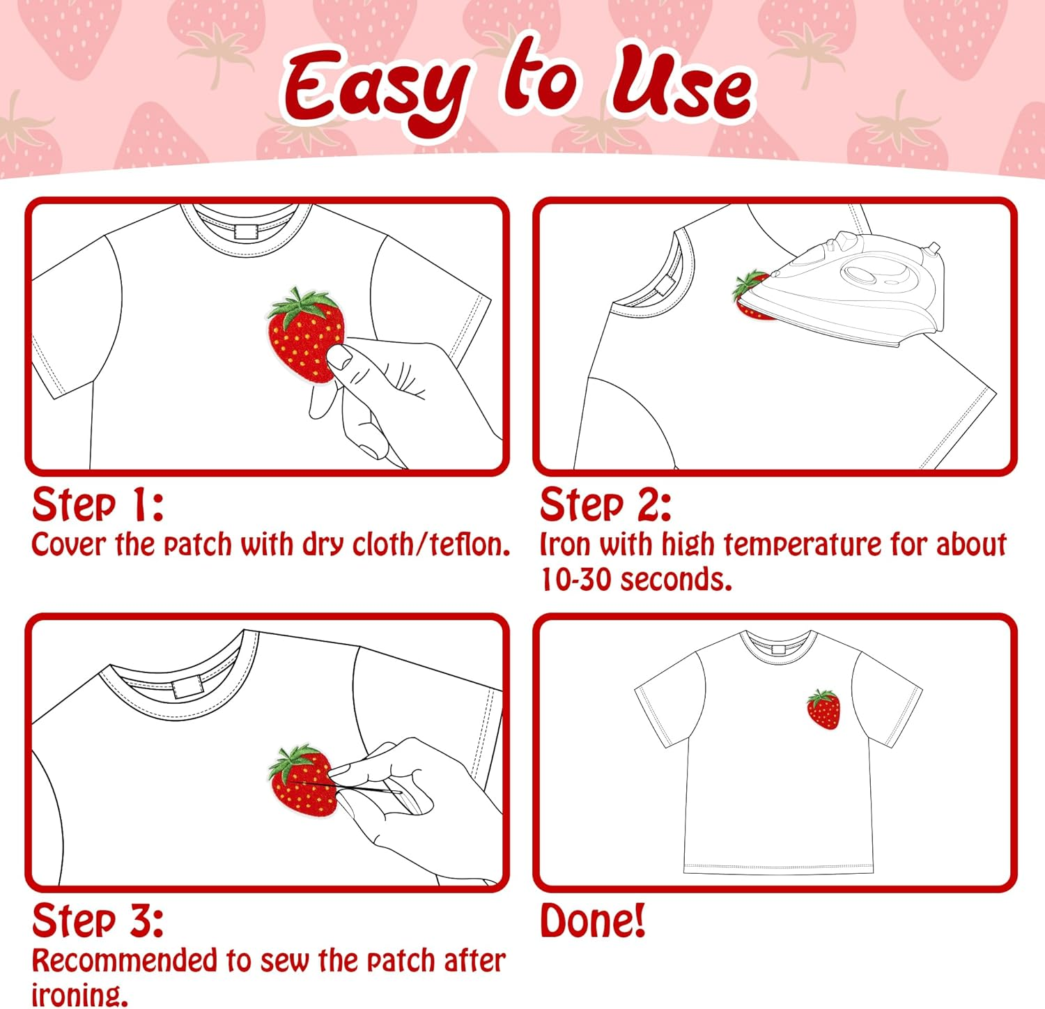 12Pcs Strawberry Iron on Patches Cute Fruit Cake Bow Sew on Repair Embroidered Applique Pink Red Coquette Aesthetic Girly Style DIY Craft Accessories Gifts for Preppy Girls Women Clothing Backpack Hat image number 5