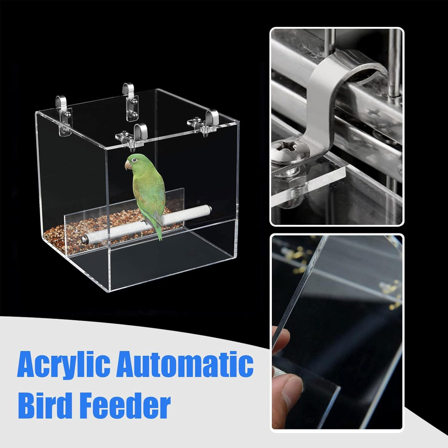 Automatic Parrot Feeder No Mess Bird Cage Seed Feeding Container Box Acrylic Automatic Bird Feeder Bird Cage with Stainless Steel Hooks for Small Birds like Parakeet,Canary,Cockatiel,Parrot 21X21X21Cm