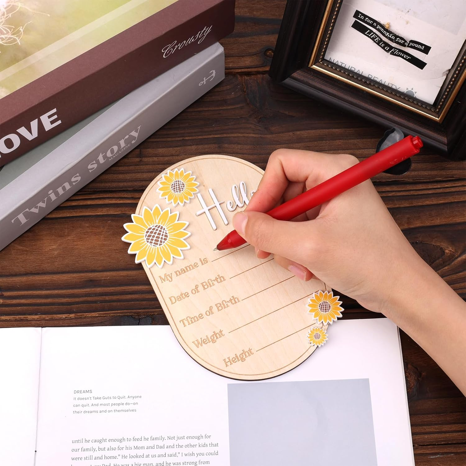 Baby Announcement Sign, 5.9In Newborn Announcement Sign, Oval Sunflower Hello World Sign, Wooden Welcome Birth Baby Name Board Plaques for Boys Girls, Photo Props Baby Shower Hospital Nursery image number 5
