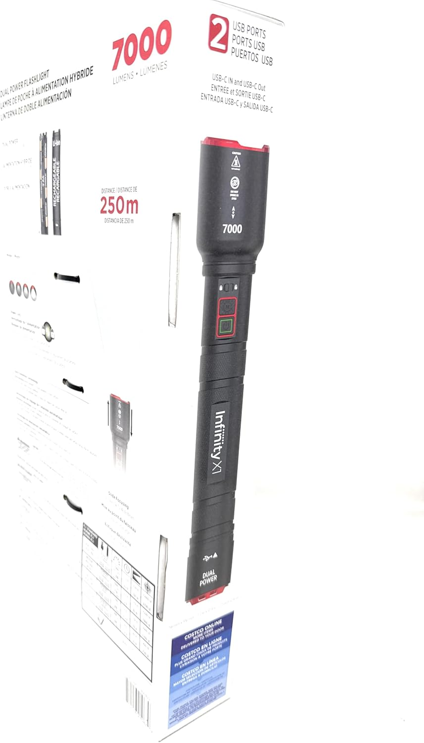 Infinity X1 7000L Dual Power Rechargeable Flashlight,7000 Lumen CREE LED with Adjustable Focus and Heat Lock