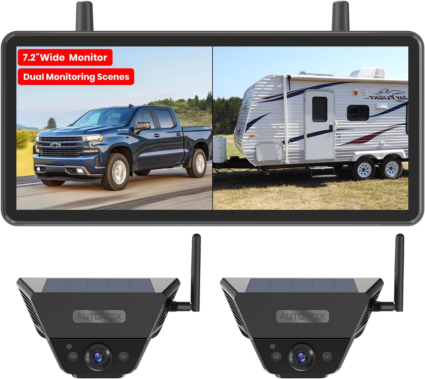 Solar Backup Camera Wireless for Rvs and Trailers No-Installation - 7.2" HD 1080P Monitor,Dual Camera System, Strong Magnetic Scratch-Proof Rear View Camera for Trucks, Campers, Suvs, and Cars image number 6