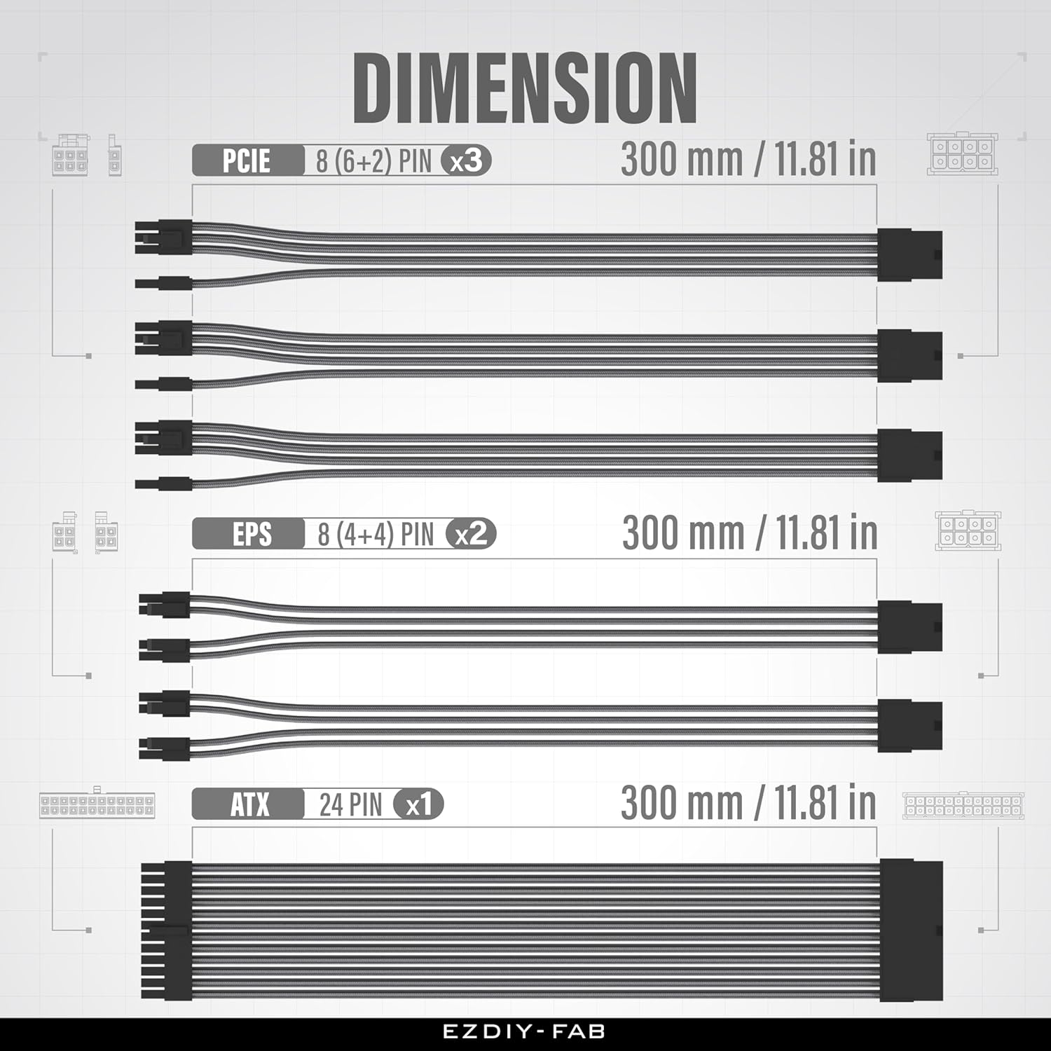 EZDIY-FAB PSU Cable Extension Kit,16Awg Power Supply Extension Cable,1X24Pin/2X4+4 Eps/3X6+2 Pci-E,Custom PC Sleeve Cable 300MM with Combs-Carbon image number 5