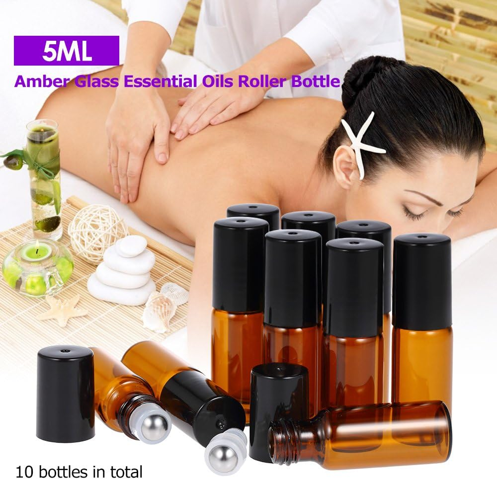 RAYWE 10 Pcs 5Ml Essential Oils Roller Bottle Amber Glass Roll-On Bottles Stainless Steel Roller Ball Essential Oil Jar with 3Ml Dropper image number 2