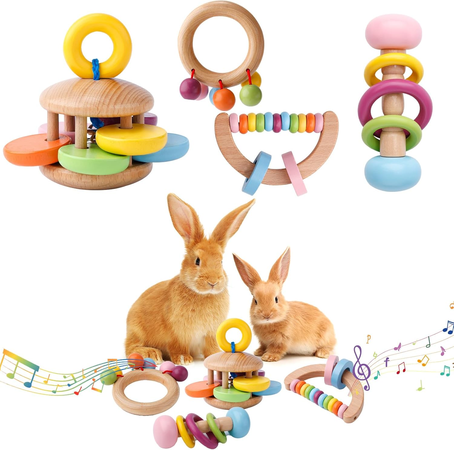 Gosknor 4 X Wooden Rabbit Toys, 4 Styles Wooden Chew Toys, Teething Rattle for Guinea Pigs Wooden Rattles for Small Animals image number 4