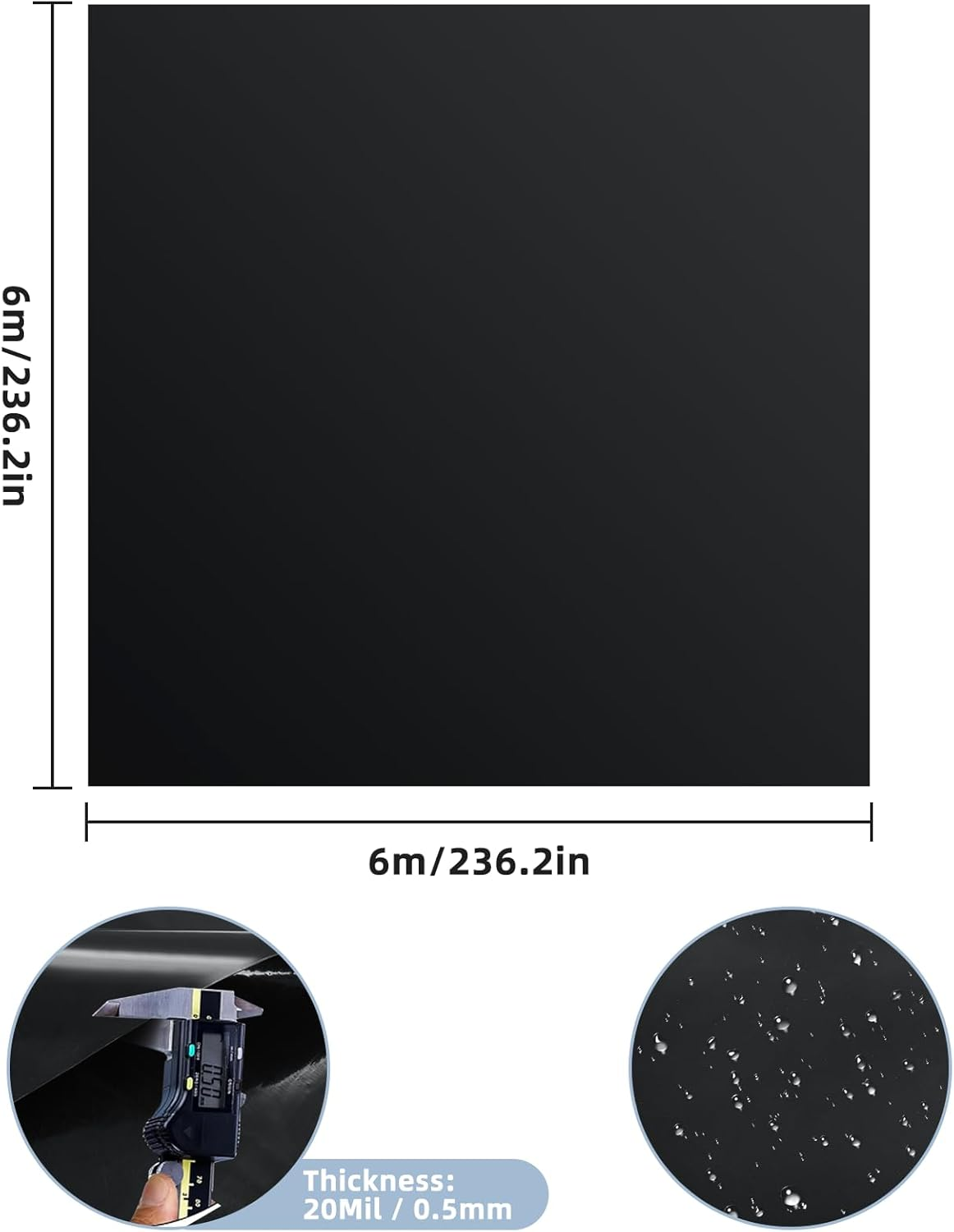 6Mx6Mx0.5Mm HDPE Pond Liner, Thick Heavy-Duty Garden Pool Underlayment Membrane &ndash; Black Waterproof Fish Pond Liner for Koi Ponds, Garden Streams, Waterfalls & Outdoor Landscaping (Extra Large) image number 2