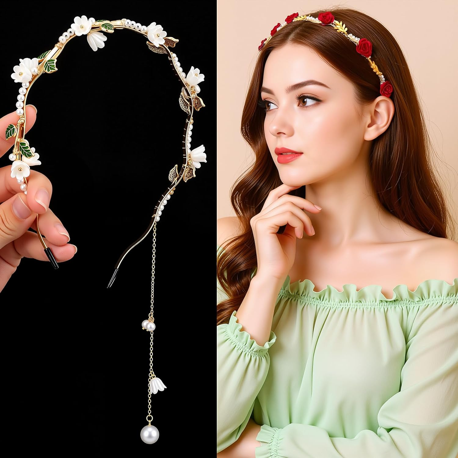 Heclia Hair Accessories for Flower Girl Wedding 2 Pieces Golden Vine Leaf Boho Headband and Vintage Red Rose Renaissance Accessories Bridal Beads Headpiece Wedding Princess Fairy Headband image number 1