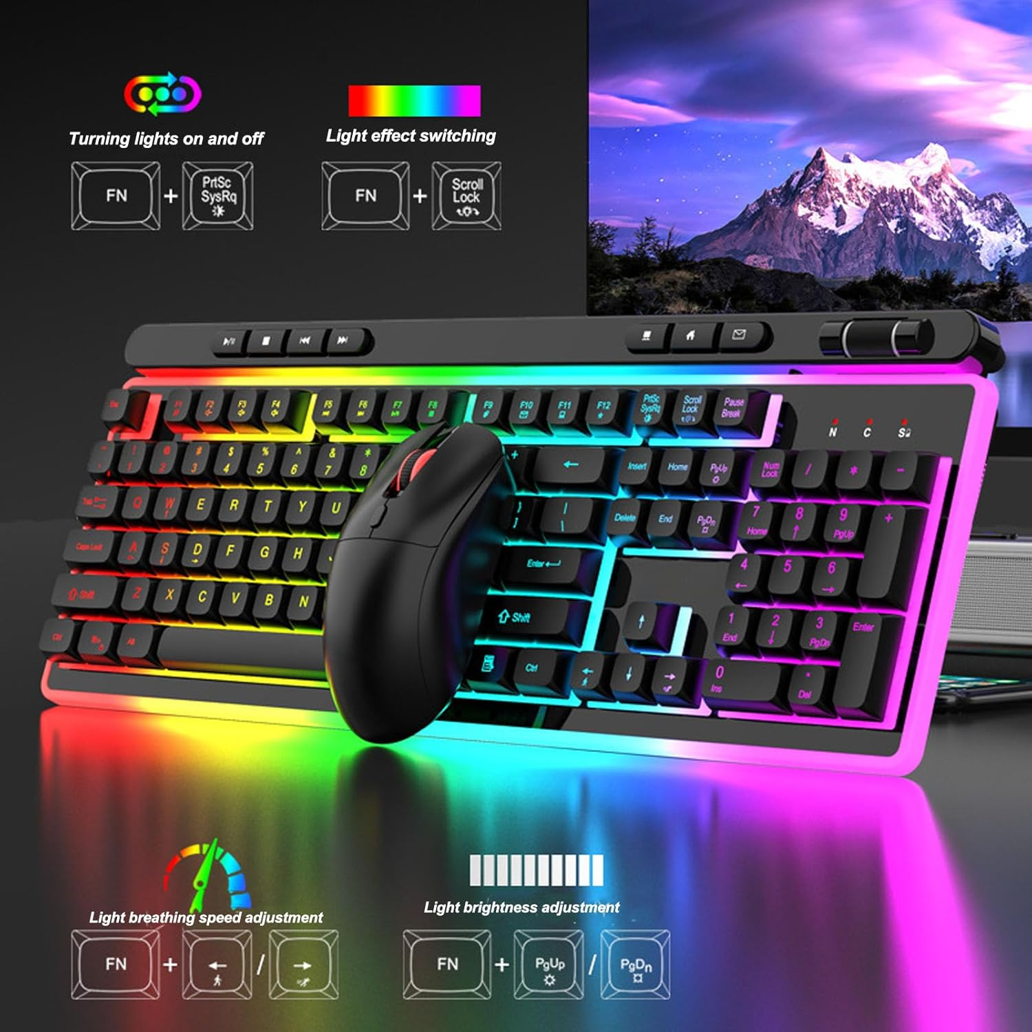 Cordless Keyboard and Mouse Combo, RGB Backlit, Full Size, 2.4Ghz Quiet Keyboard Mouse Ergonomic Keyboard Mouse, 3 Level Adjustable DPI for PC, Laptop image number 2